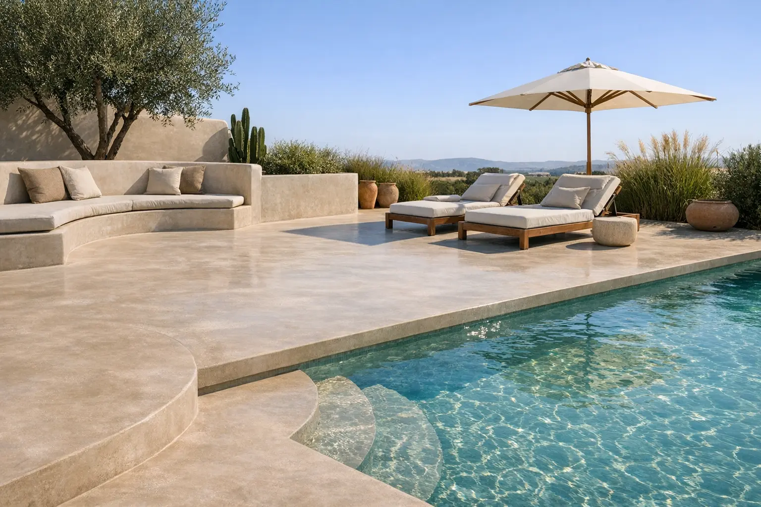 Terrasse et plage piscine tadelakt