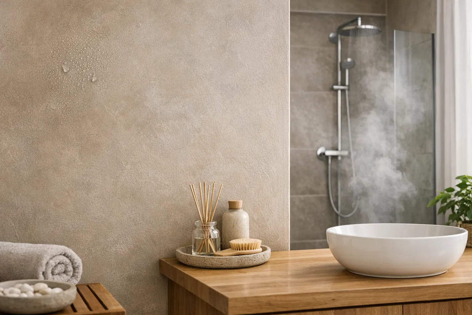 Mur en tadelakt dans salle de bain